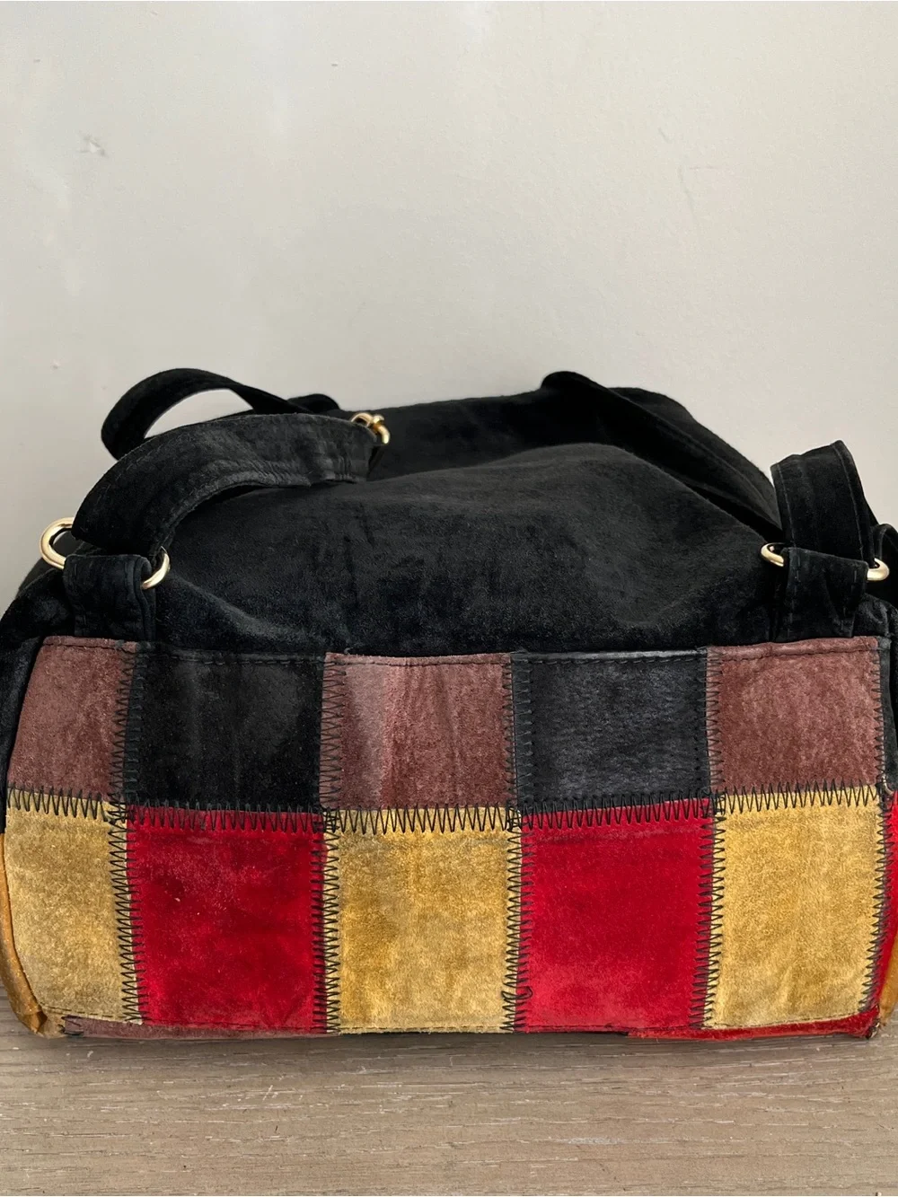 Vintage Barneys New York Made in Italy Suede Patchwork Drawstring Backpack Bag